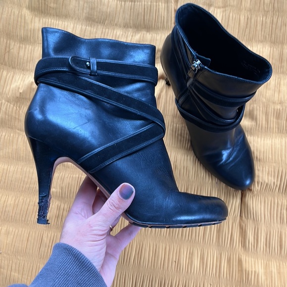 Cole Haan Shoes - 🛍️Cole Haan Nike air footbed black leather/suede strappy heel booties boots 11